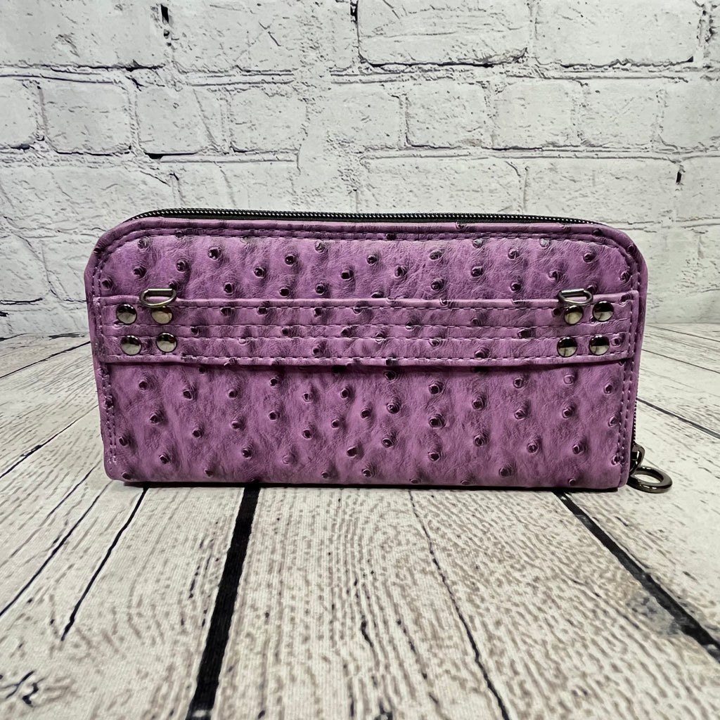 Large RFID Zip Around Clutch Wallet - Purple Ostrich