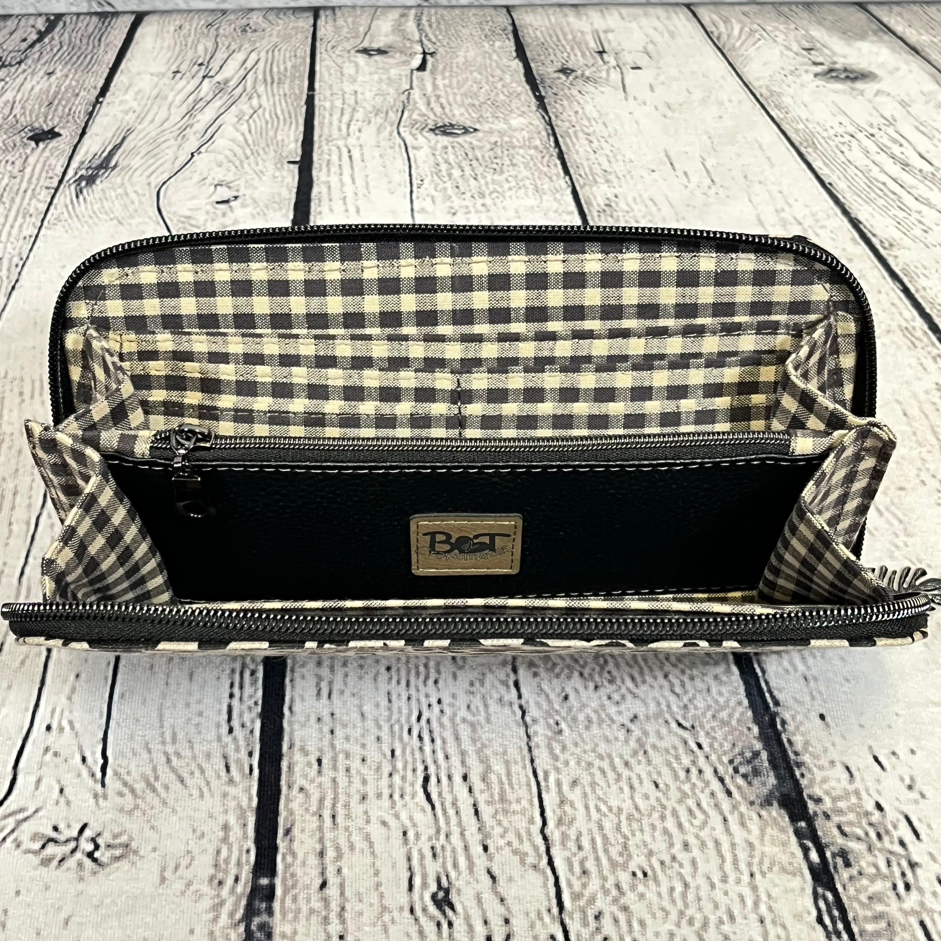 Large RFID Zip Around Clutch Wallet - Black and Tan Giraffe Print