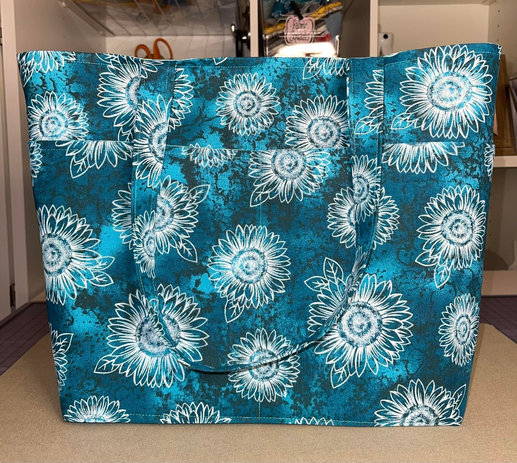 Large Tote - Teal & White Sunflower
