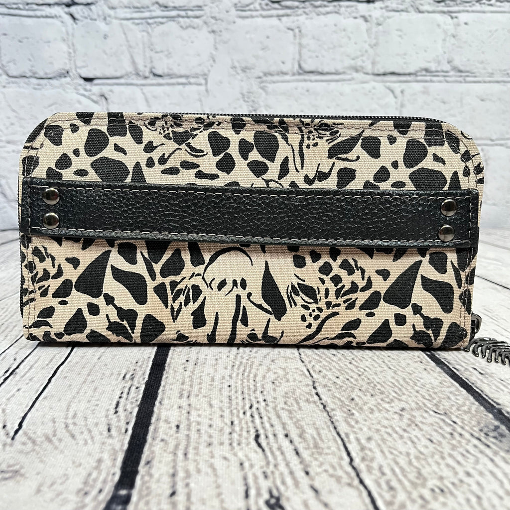 Large RFID Zip Around Clutch Wallet - Black and Tan Giraffe Print