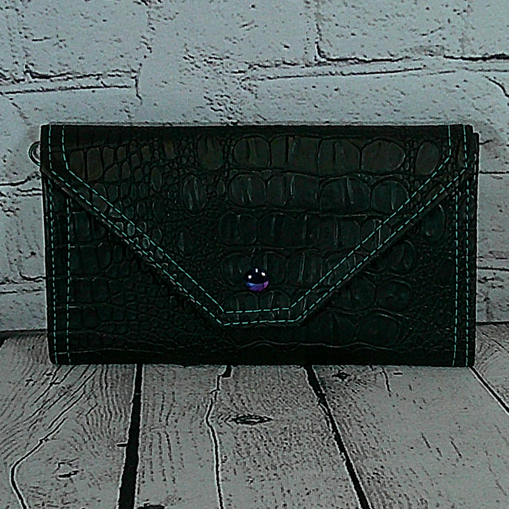 Large RFID Wristlet Wallet - Black Faux Crocodile