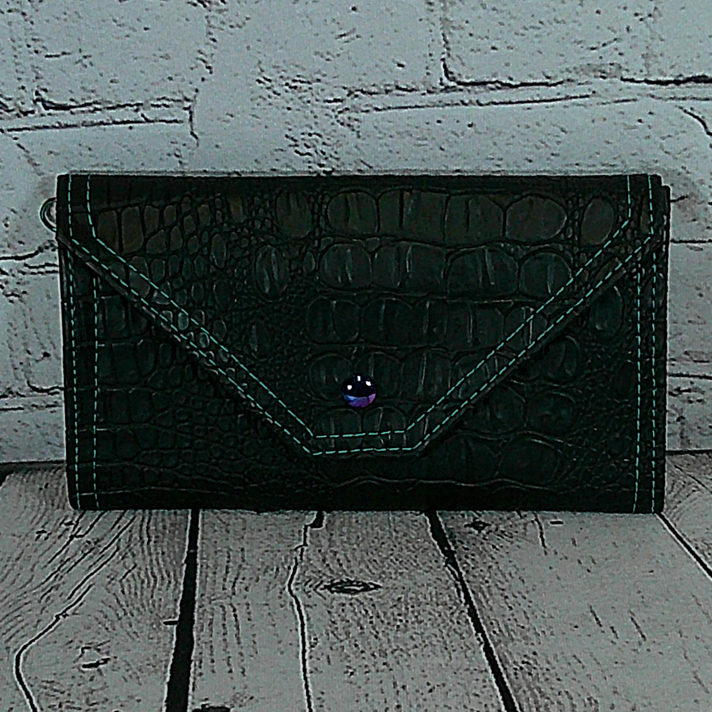 Large RFID Wristlet Wallet - Black Faux Crocodile