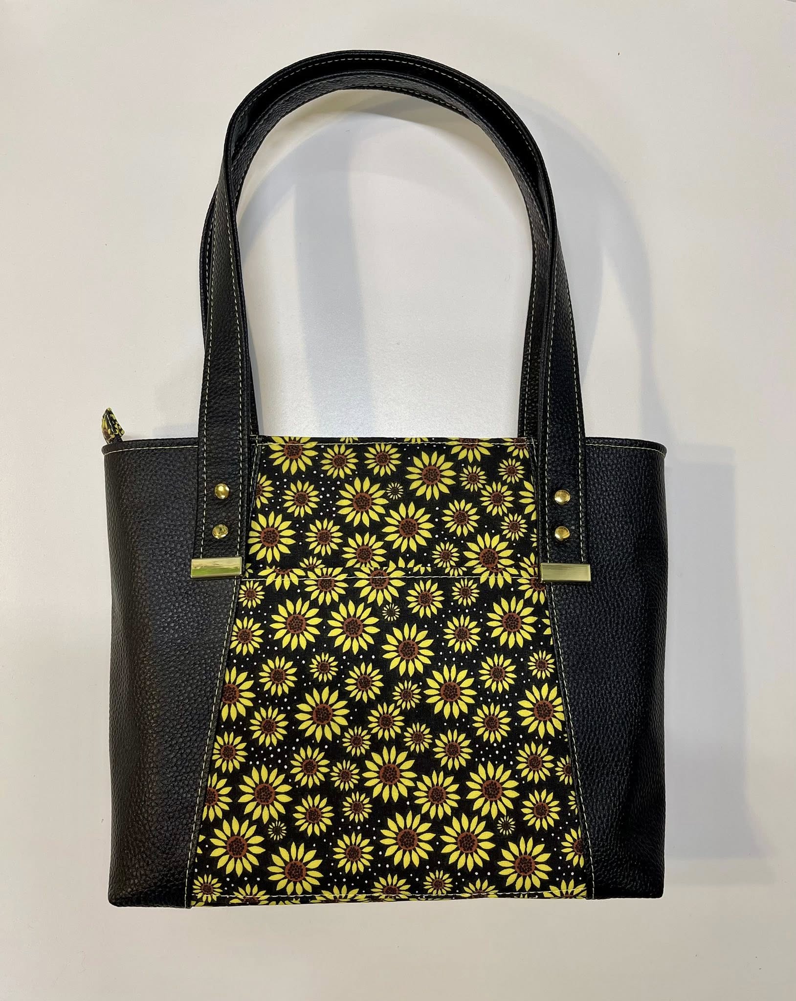 Small Zipper Tote - Sunflower Black Faux Leather