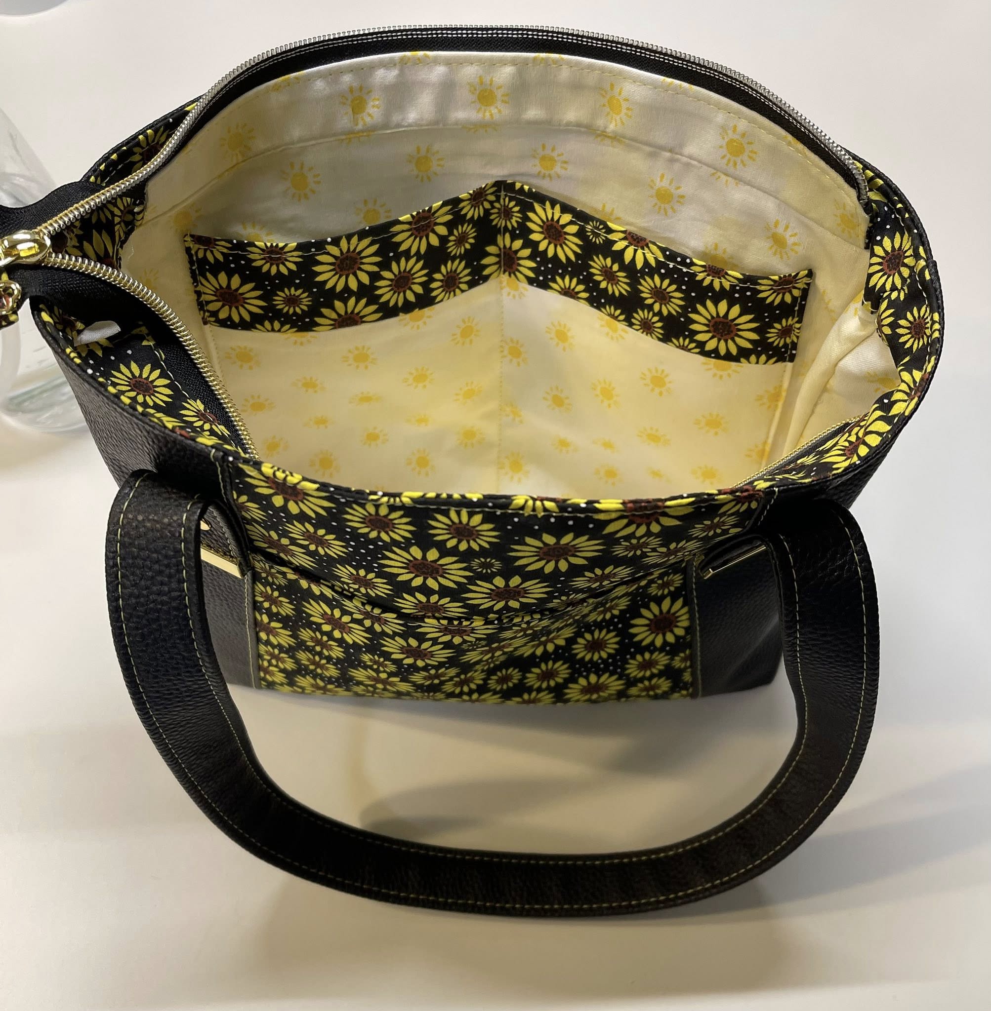 Small Zipper Tote - Sunflower Black Faux Leather