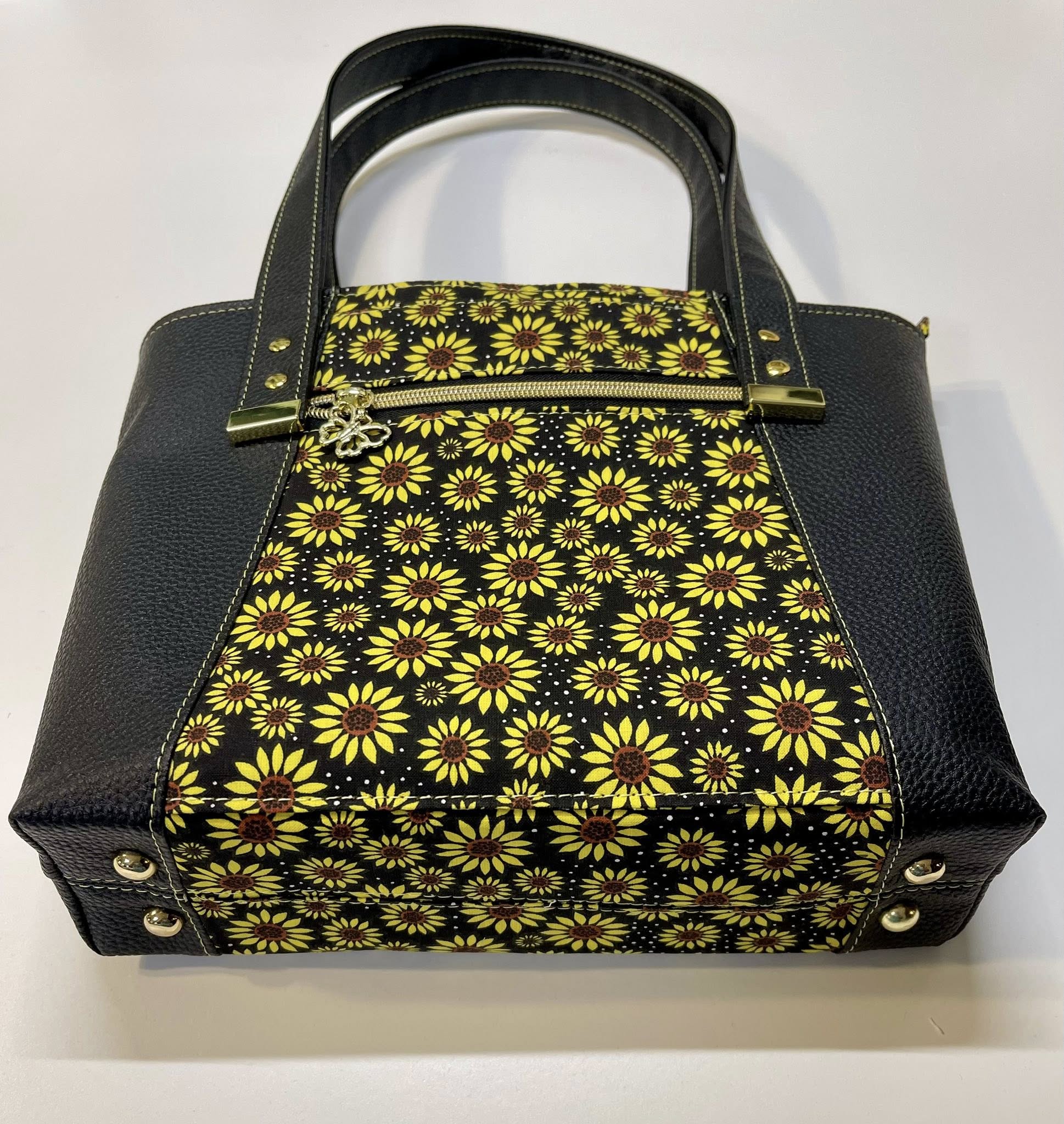 Small Zipper Tote - Sunflower Black Faux Leather