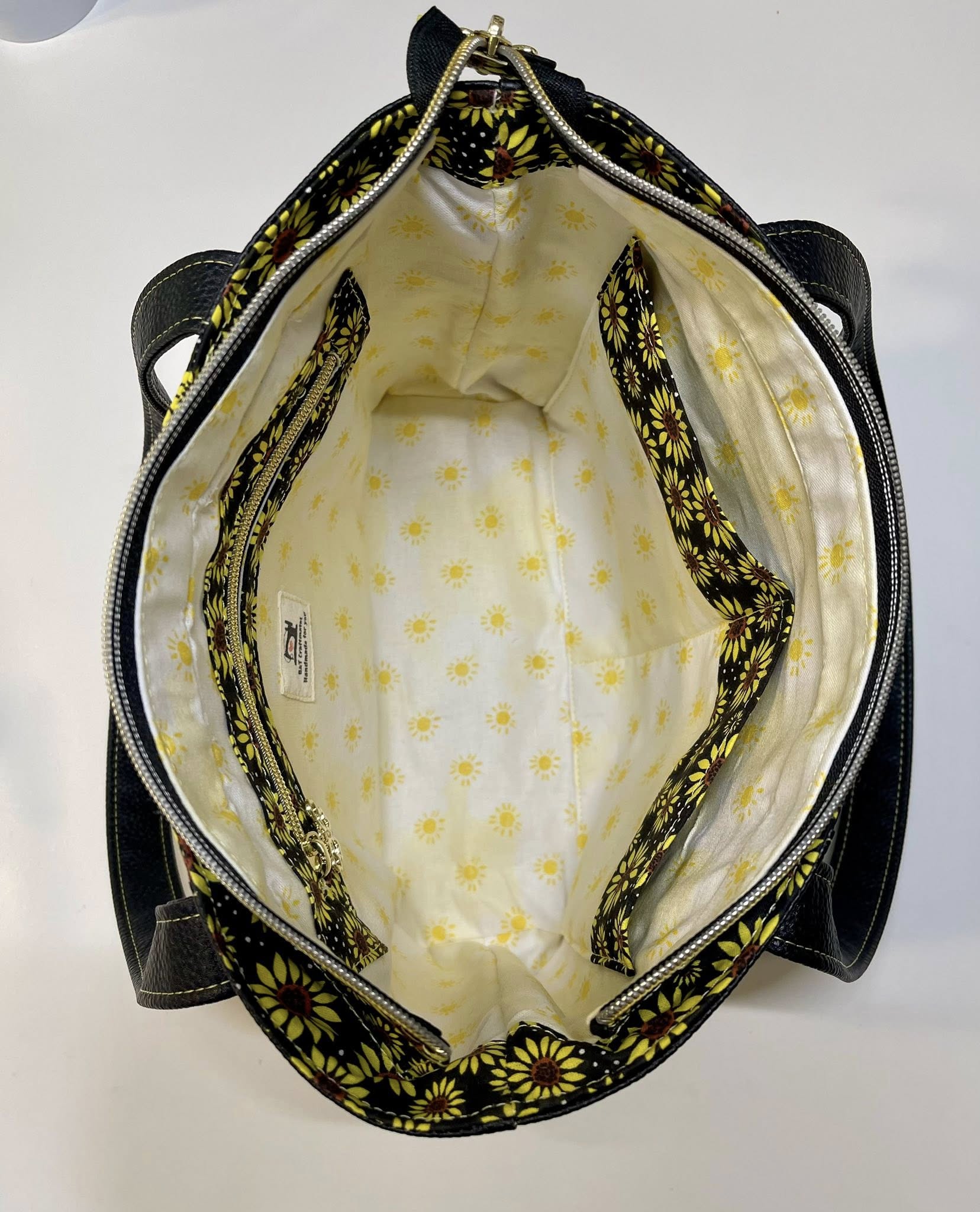 Small Zipper Tote - Sunflower Black Faux Leather