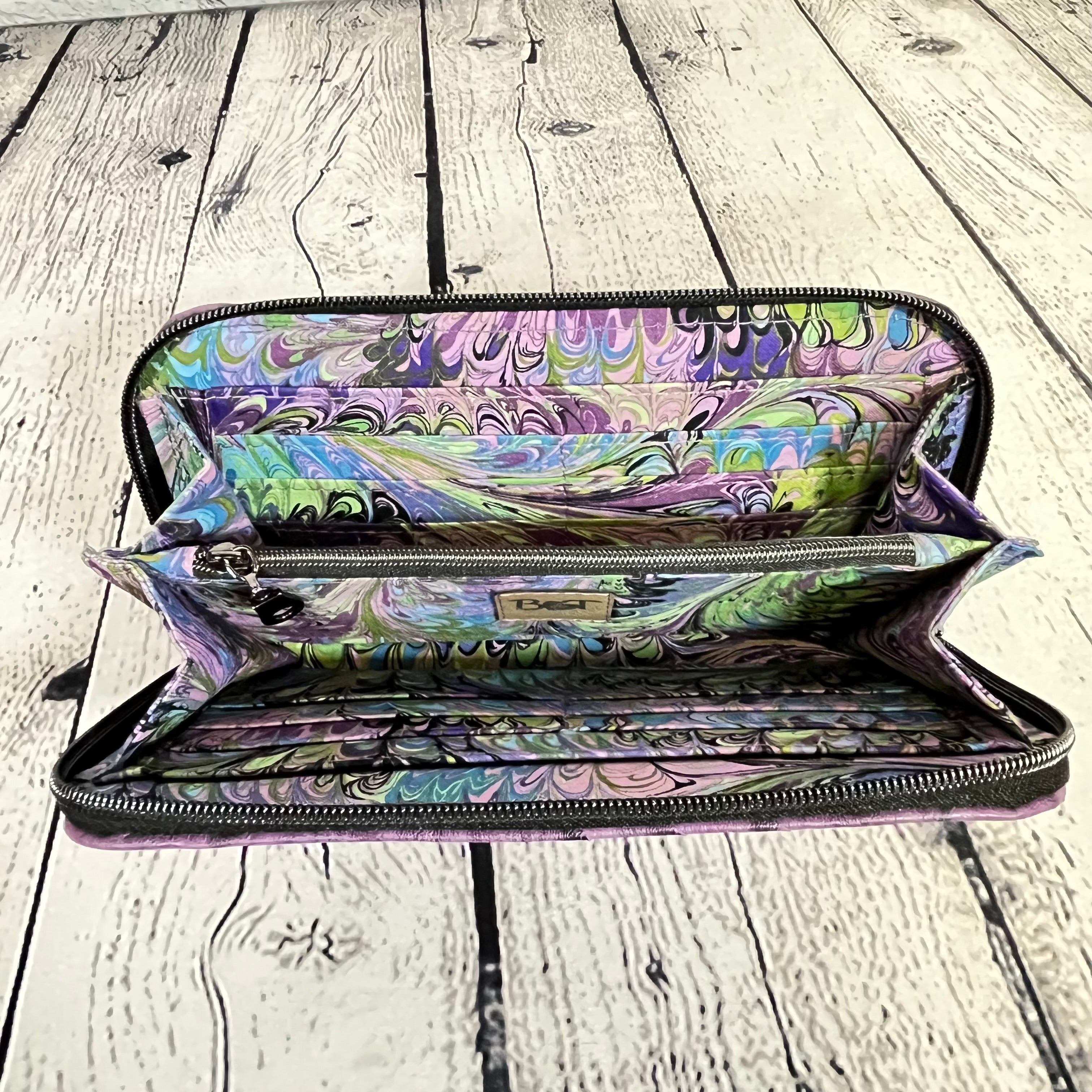 Large RFID Zip Around Clutch Wallet - Purple Ostrich