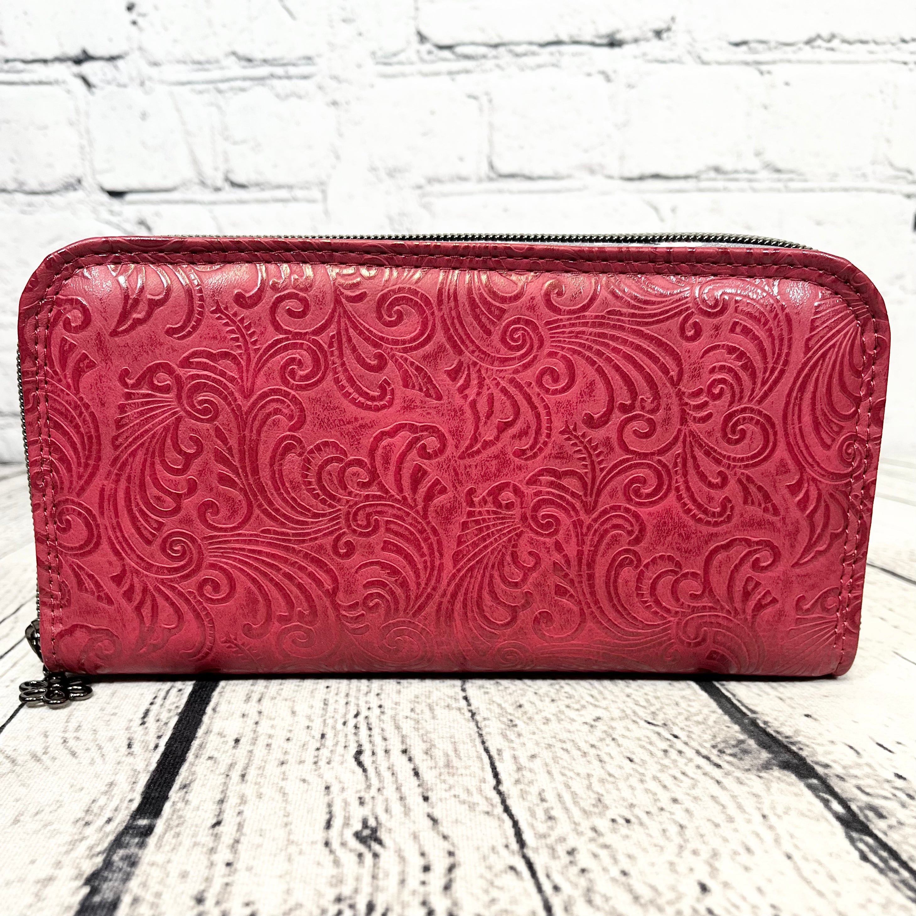 Large RFID Zip Around Clutch Wallet - Burgundy Floral