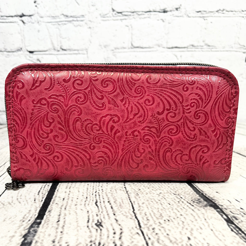 Large RFID Zip Around Clutch Wallet - Burgundy Floral