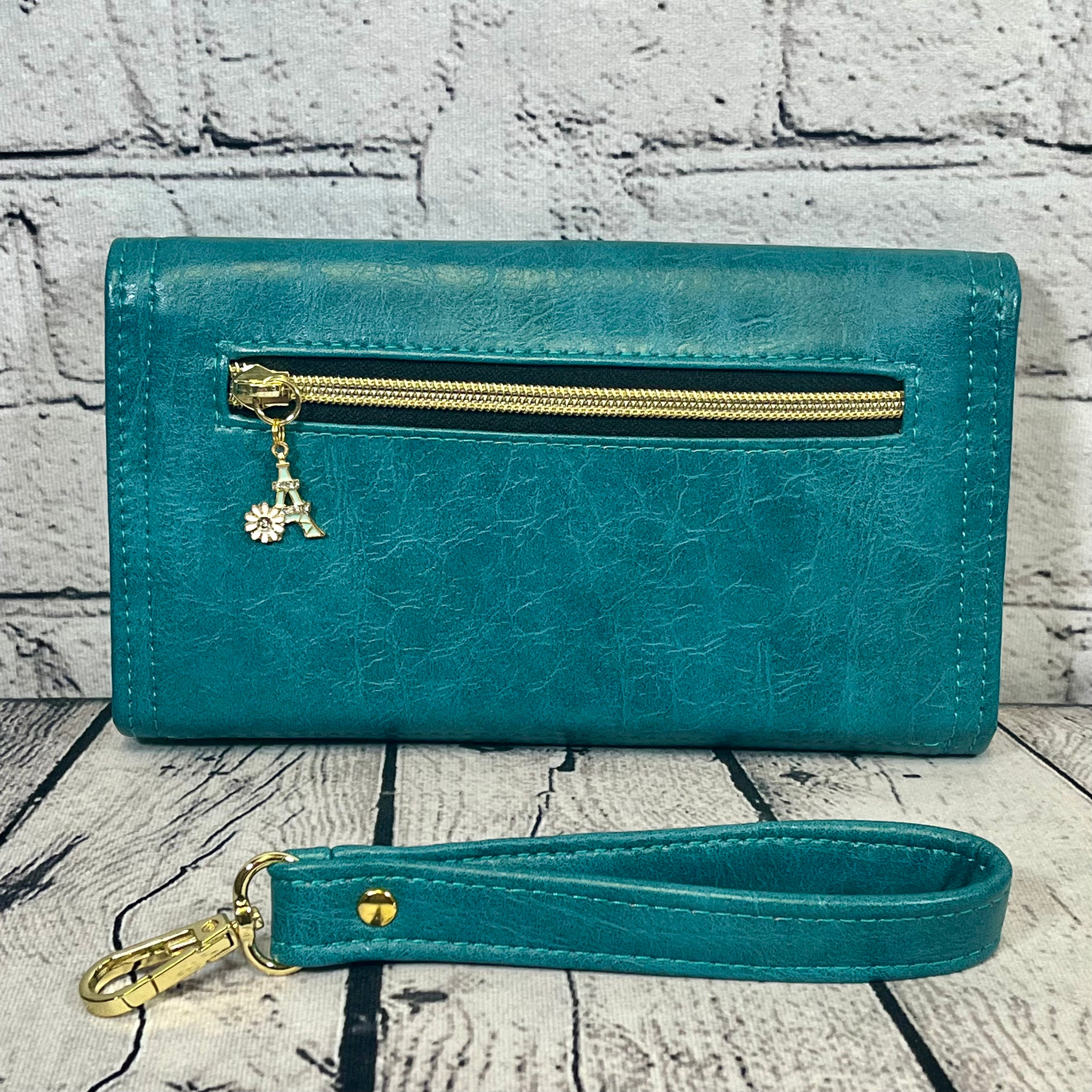 Large RFID Wristlet Wallet - Turquoise Accents of Paris