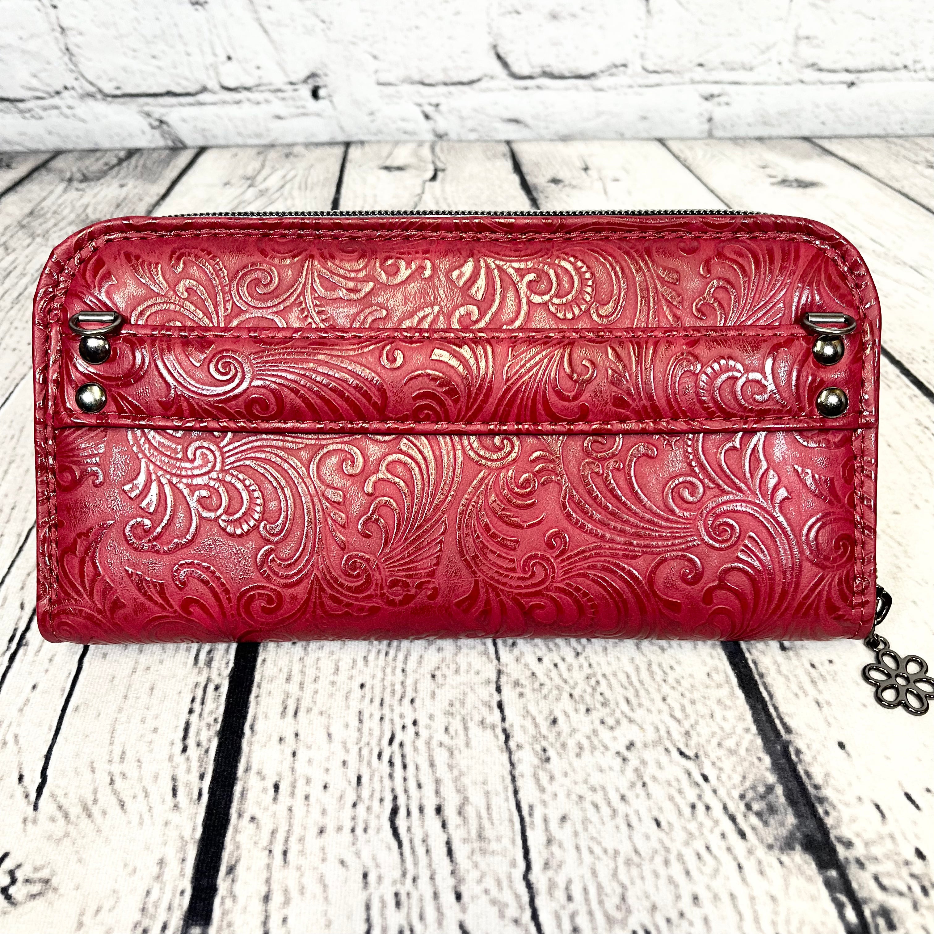 Large RFID Zip Around Clutch Wallet - Burgundy Floral