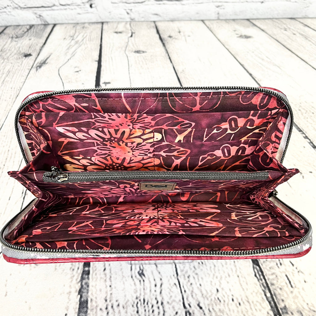 Large RFID Zip Around Clutch Wallet - Burgundy Floral
