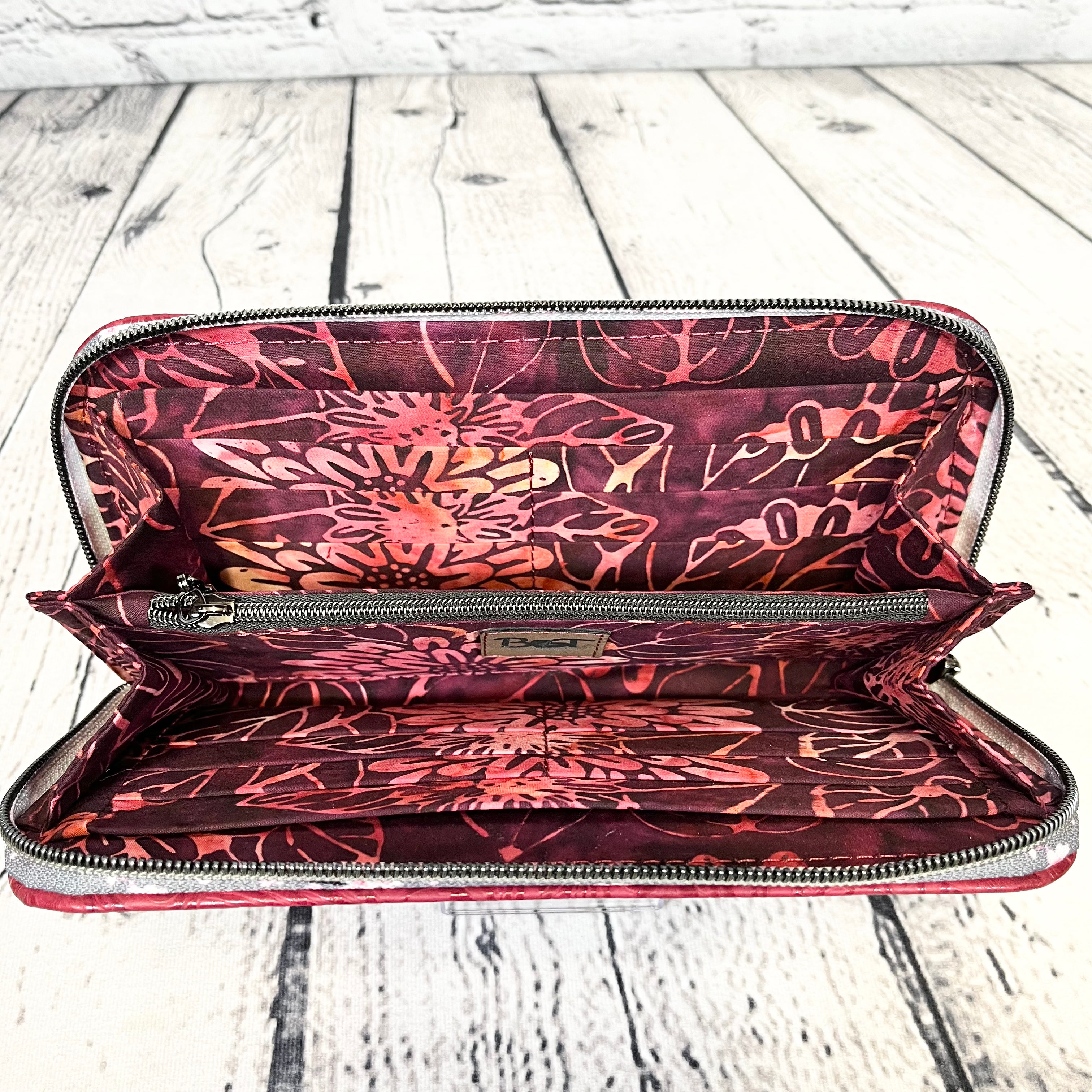 Large RFID Zip Around Clutch Wallet - Burgundy Floral