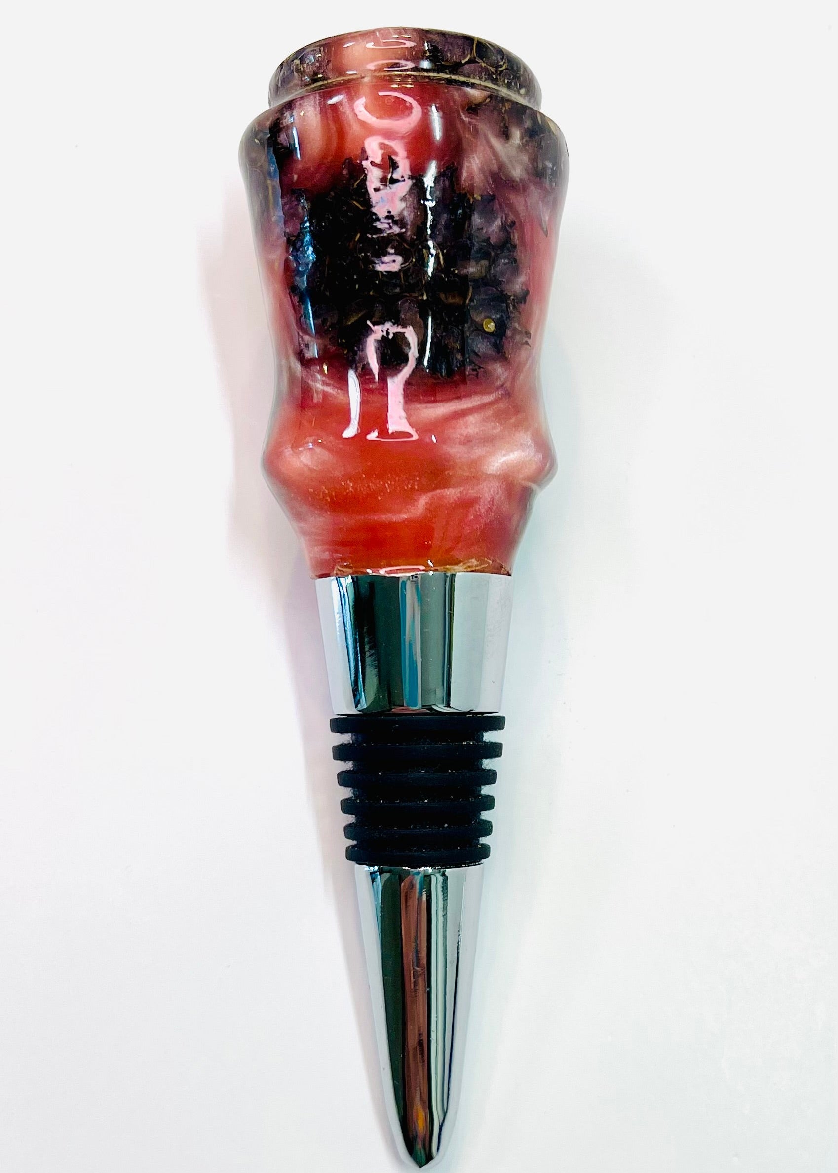 Bottle Stopper with Corkscrew - Sweetgum Balls cast in Pink Resin