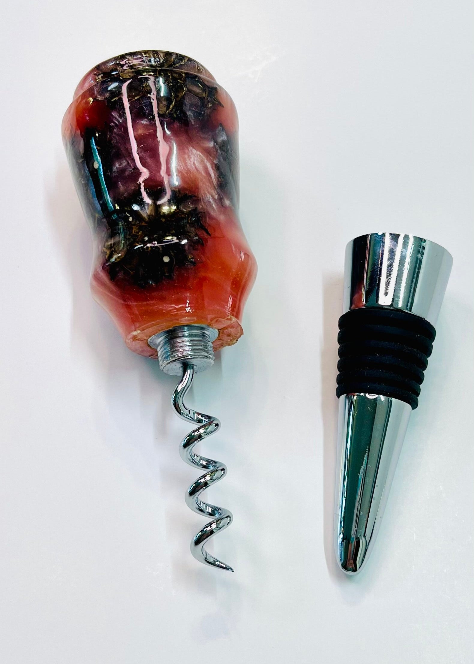 Bottle Stopper with Corkscrew - Sweetgum Balls cast in Pink Resin