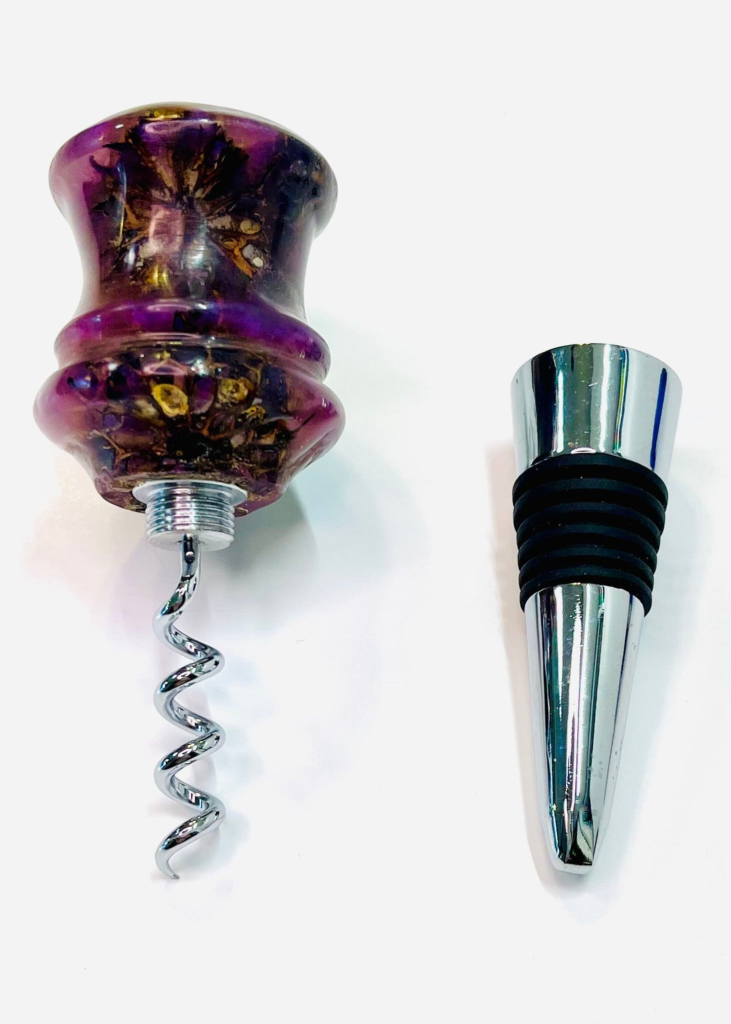 Bottle Stopper with Corkscrew - Sweetgum Balls cast in Purple Resin