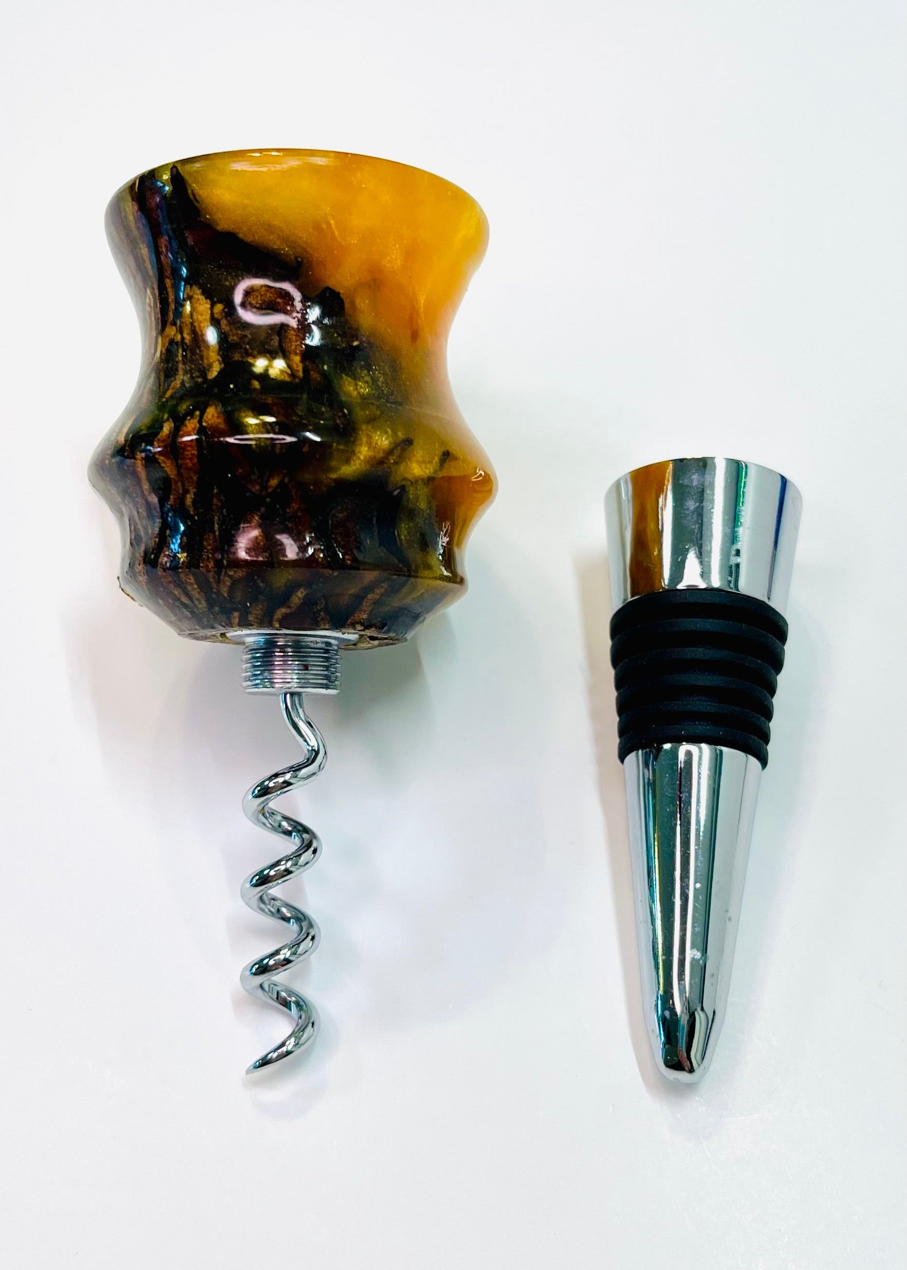 Bottle Stopper with Corkscrew - Magnola Seed Pod cast in Orange Resin