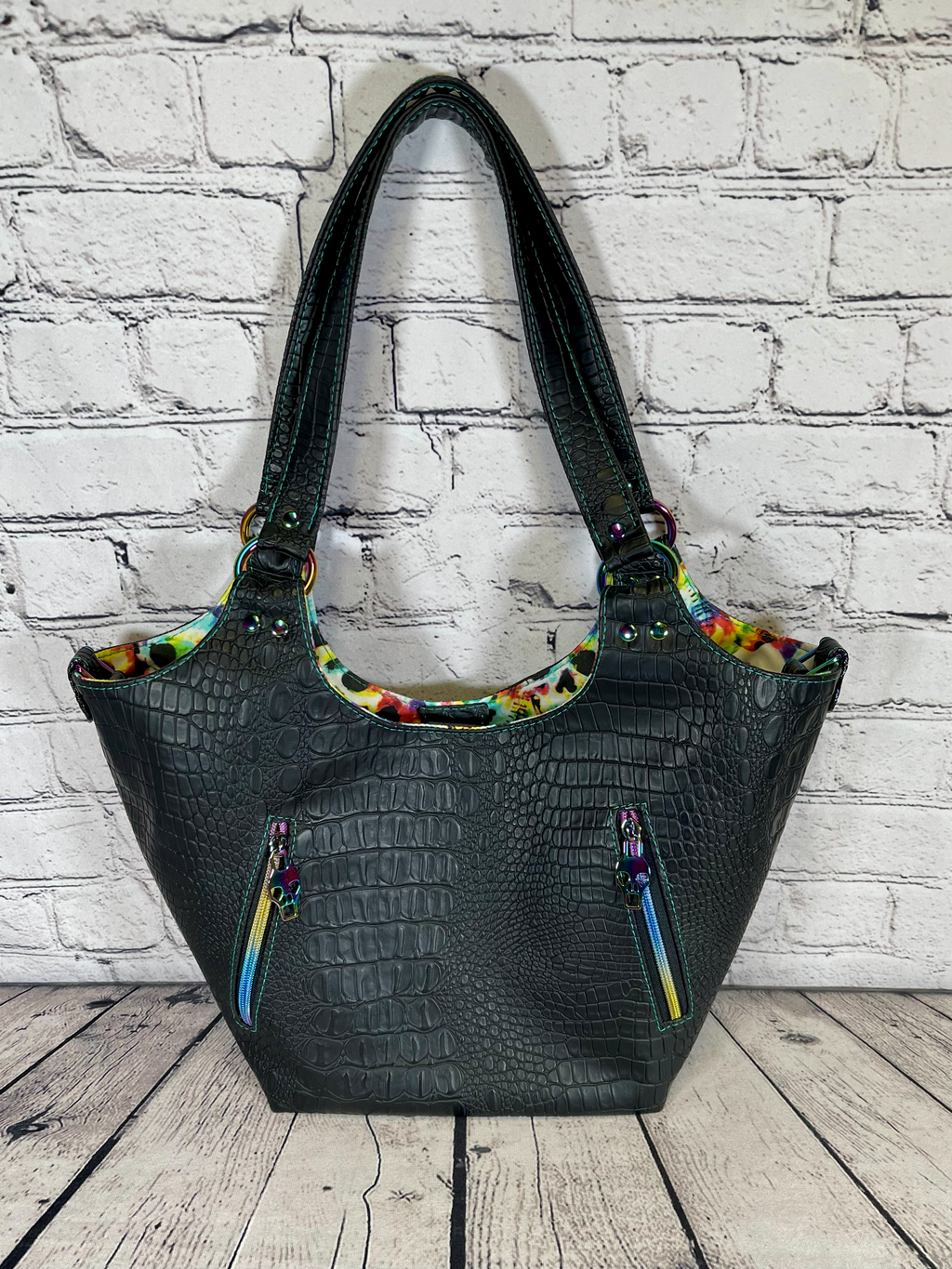 Sarah Shoulder Bag - Black Faux Crocodile