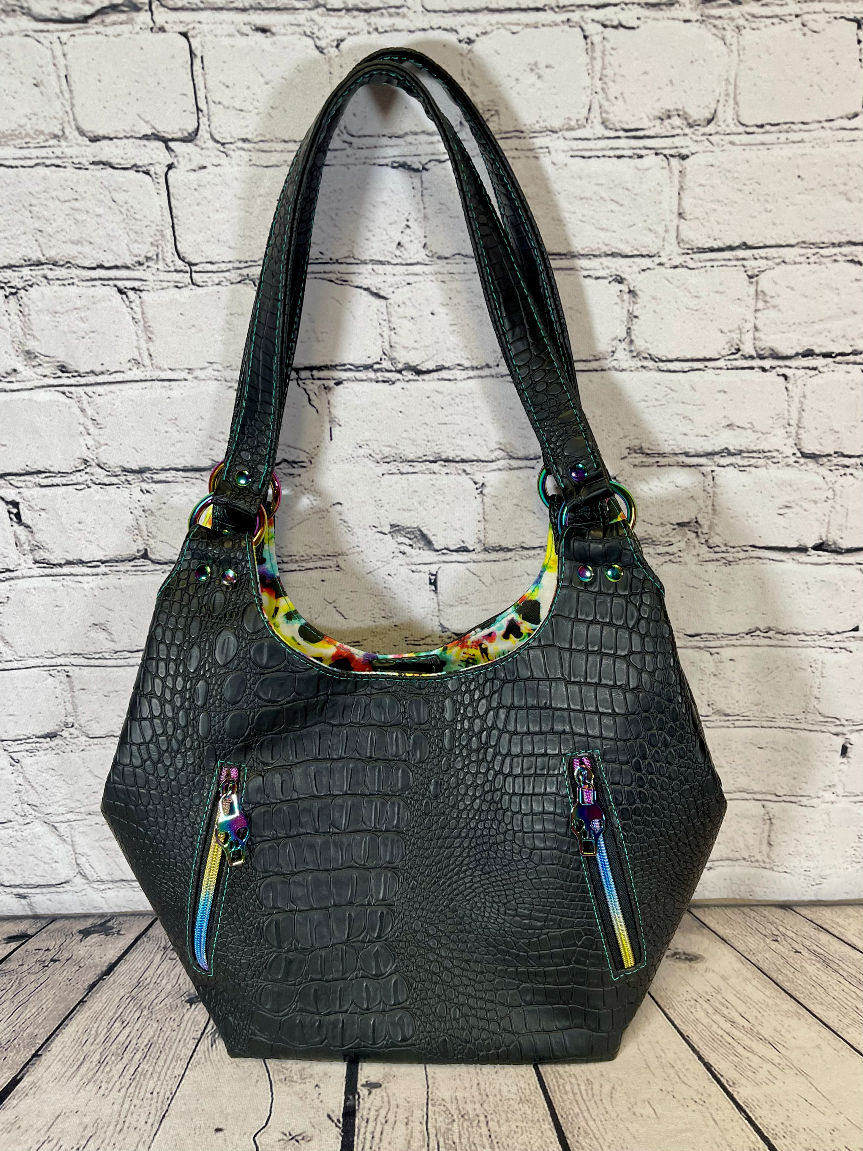 Sarah Shoulder Bag - Black Faux Crocodile