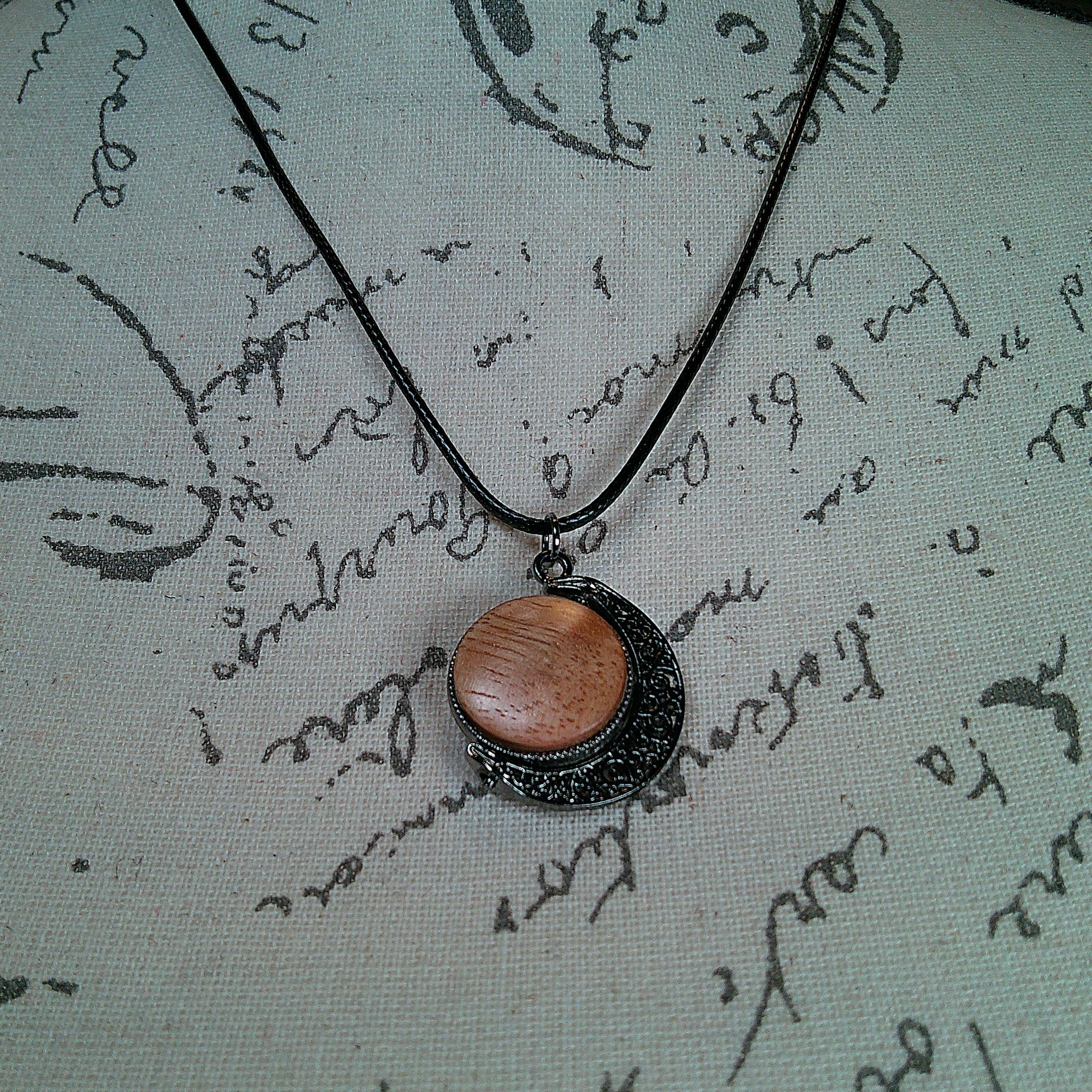 Necklace - Double Sided Moon Pendant w/ Wood Inserts