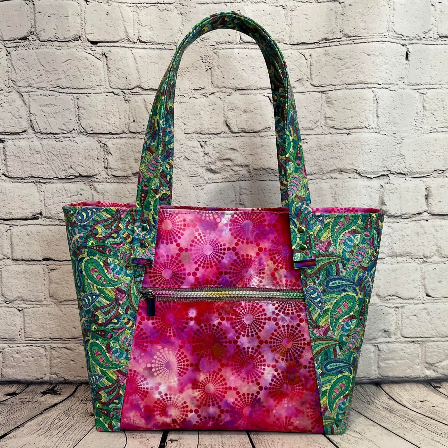 Large Zipper Tote - Pink & Green Paisley