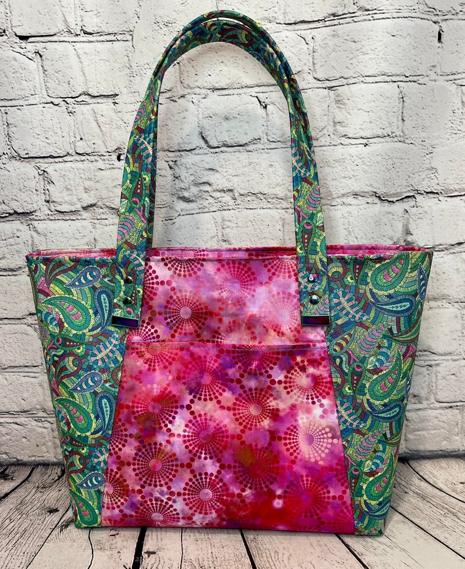 Large Zipper Tote - Pink & Green Paisley