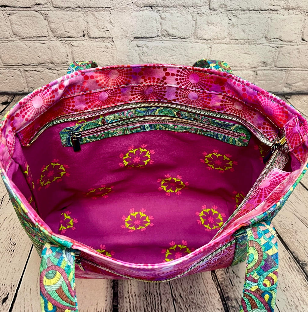 Large Zipper Tote - Pink & Green Paisley