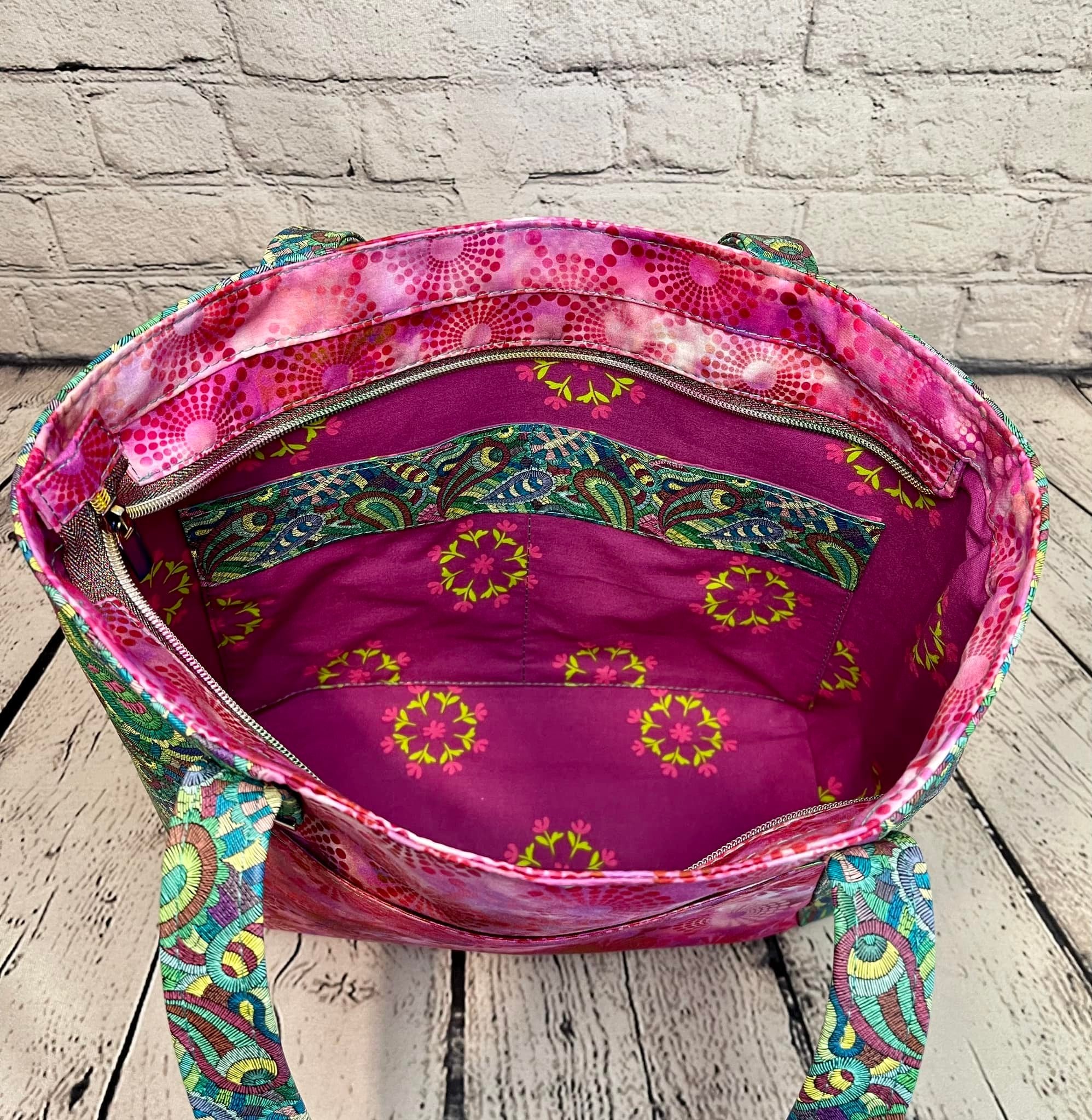 Large Zipper Tote - Pink & Green Paisley