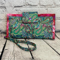 Large RFID Wristlet Wallet - Pink & Green Paisley