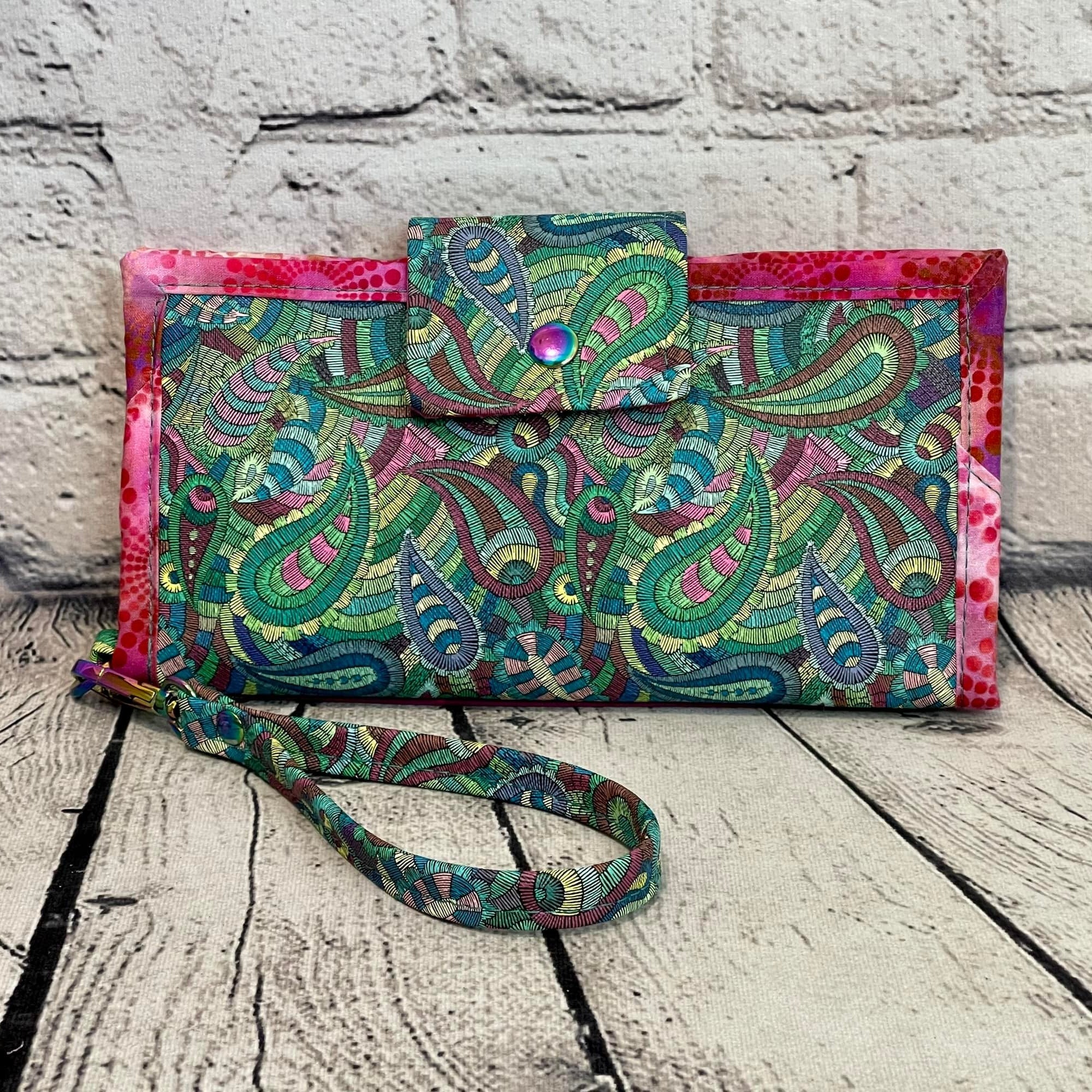Large RFID Wristlet Wallet - Pink & Green Paisley