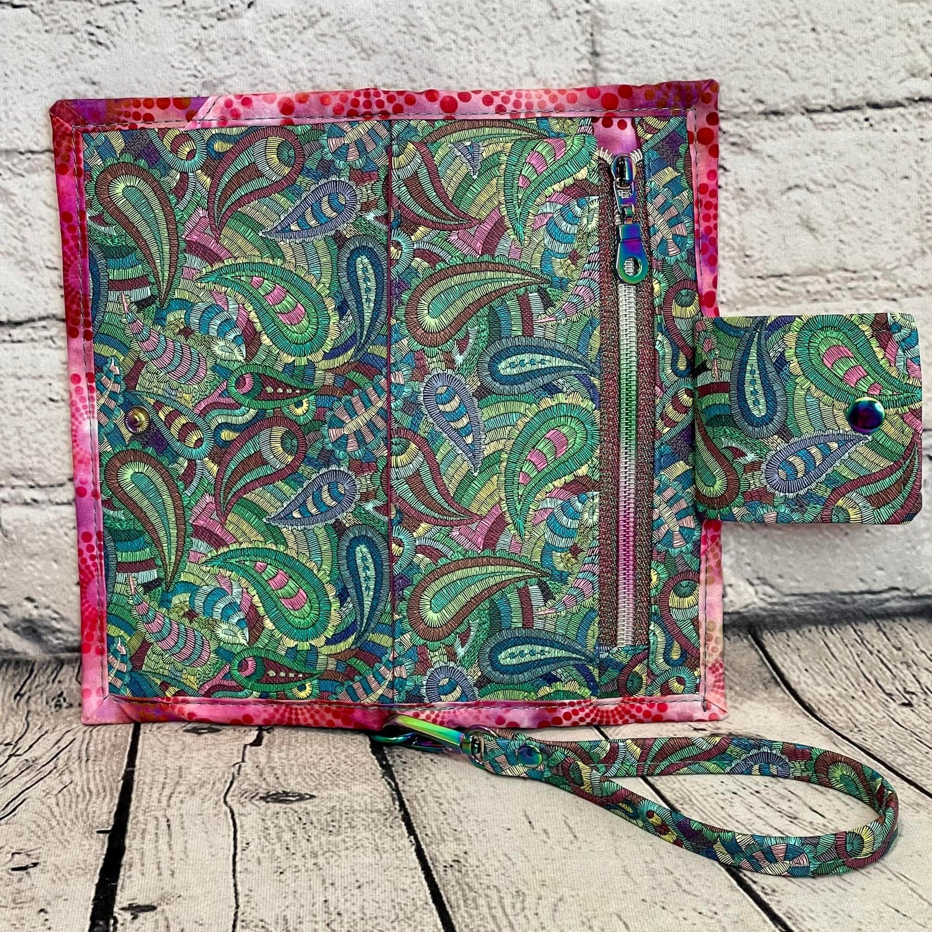 Large RFID Wristlet Wallet - Pink & Green Paisley