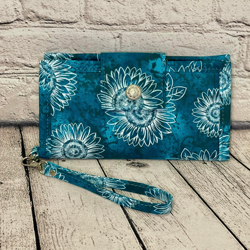 Large RFID Wristlet Wallet - Teal & White Sunflower