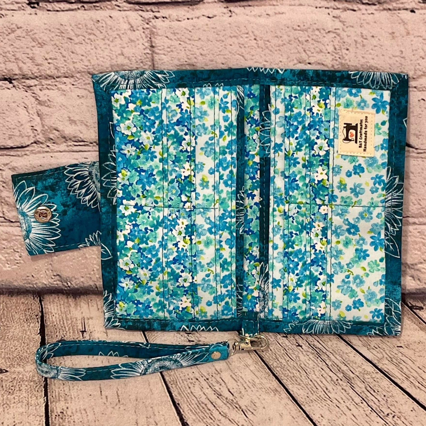 Large RFID Wristlet Wallet - Teal & White Sunflower