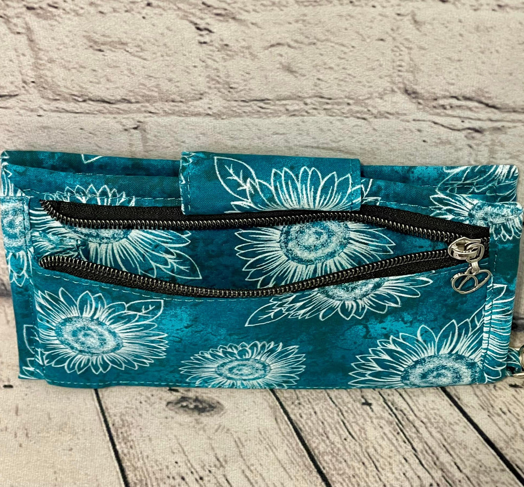 Large RFID Wristlet Wallet - Teal & White Sunflower