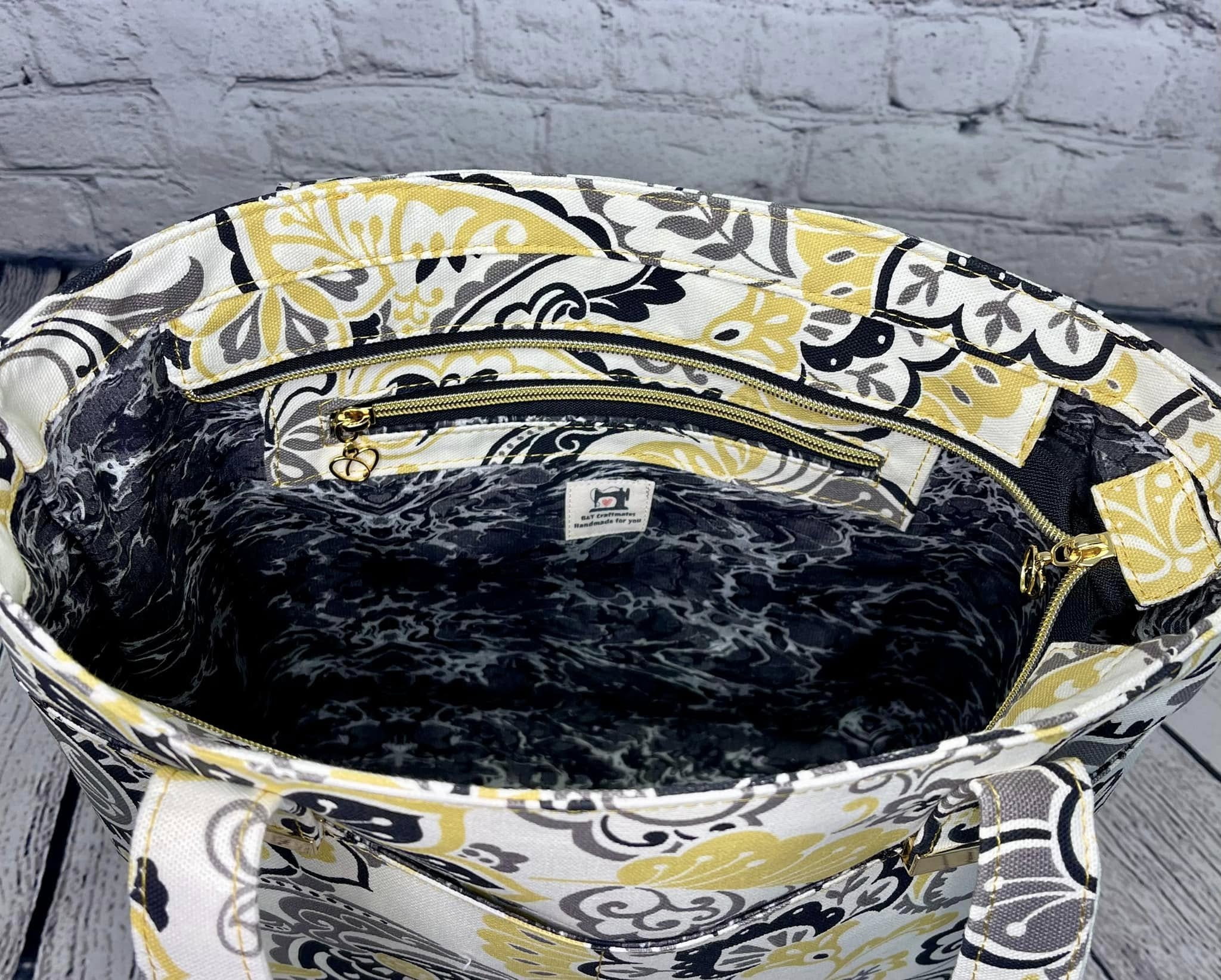 Large Zipper Tote - Yellow & Black Paisley