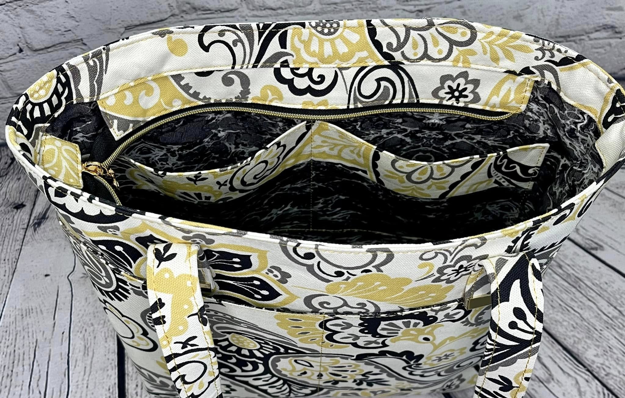 Large Zipper Tote - Yellow & Black Paisley
